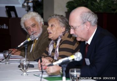Universidade Cândido Mendes’ Theotonio Dos Santos (left) sits with professor Kari Polanyi Levitt and Provost  David Graham (right) at the Polanyi conference’s plenary session, Dec.11.